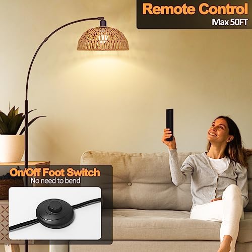 Rattan Floor Lamp- Modern Black Standing Floor Lamps with Remote Control and Stepless Dimmable Bulb, Hand-Worked Adjustable Rattan Lamp Shades Bohemian Floor Lamps for Living Room, Bedroom, Office - style: Black Rattan Arc Floor Lamp