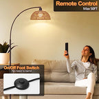 Rattan Floor Lamp- Modern Black Standing Floor Lamps with Remote Control and Stepless Dimmable Bulb, Hand-Worked Adjustable Rattan Lamp Shades Bohemian Floor Lamps for Living Room, Bedroom, Office - style: Black Rattan Arc Floor Lamp