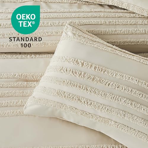 BEDELITE Boho Twin/Twin XL Comforter Set，Beige Tufted Striped Bed Set 2 Pieces, Soft Vintage Farmhouse Comforter for College, Boho Home Dorm Decor, Fluffy Jacquard Bedding with 1 Pillow Sham - color: Beige, size: Twin/Twin XL