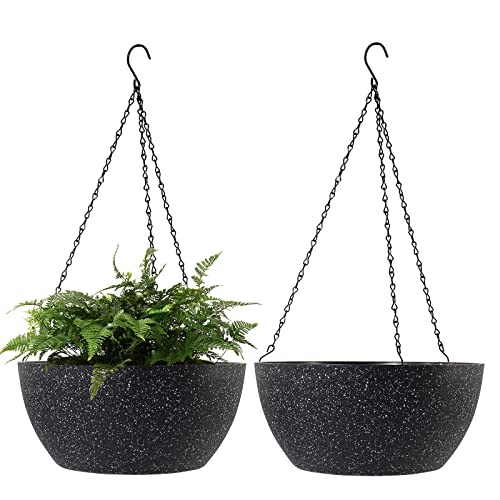WOUSIWER 13 inch 2Pack Large Hanging Planters for Outdoor Indoor Plants with Drainage Holes and Chain, Round Hanging Flower Pots for Garden Home Porch Decor, Black Speckles - color: Black Speckles
