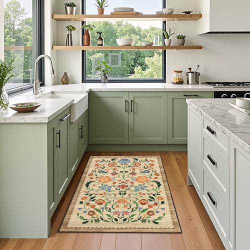 GarveeHome Floral Rug for Entryway 2x3 Rugs Machine Washable Boho Small Area Rug Non-Slip Low-Pile Front Door Soft Mat for Entrance, Bedroom, Kitchen, Laundry, Bathroom, Beige - color: C Brown, size: 2' x 3' (Rectangular)