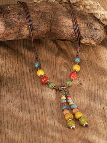 MINACHI Vintage Bohemian Colorful Ceramic Bead Antique Flower Y Necklace, Vintage Boho Hippie Statement Jewelry Gift for Women - color: S03