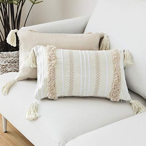 Decorative Lumbar Throw Pillow Covers for Sofa Couch Bedroom Living Room, Rectangle Pillow Sham with Tufted Tassels Bohemian Style Lumbar Pillowcases for Home Decoration, 12 x 20 Inch, Cream White - color: Cream White, size: 20" x 12" (Pack of 1)