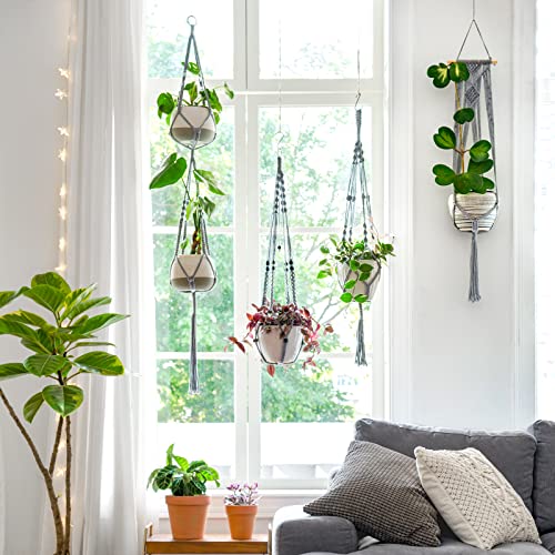 Mkono Macrame Plant Hanger Indoor Hanging Planter Basket with Wood Beads Decorative Flower Pot Holder No Tassels for Indoor Outdoor Boho Home Decor 35 Inch, Grey, Set of 1 (POTS NOT Included) - color: Gray
