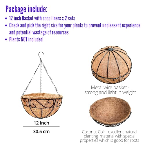 LaLaGreen Hanging Planter for Outdoor Plants (12 Inch, 2 Pack) Hanging Baskets with Coco Liner, Black Metal Wire Flower Basket Pots with Hook Hanger Balcony Porch Farmhouse Country Style Garden Decor - size: 12" x 2 Pack