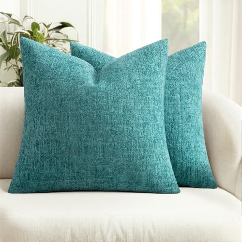 MIULEE Decorative Throw Pillow Covers 18x18 Pack of 2 Teal Blue Spring Couch Pillow Covers Soft Cozy Textured Chenille Pillowcases for Home Decor Sofa Living Room Cushion Bedroom - color: Teal Blue, size: 18" x 18" (Pack of 2)