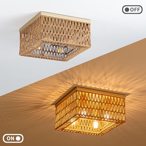 Rpzloila Rattan Ceiling Light, 4-Light Boho Light Fixture, Square Flush Mount Ceiling Light for Bedroom, Hallway, Entryway, Kitchen, Living Room - color: Gold, size: 4-Light-Square