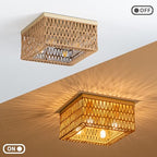 Rpzloila Rattan Ceiling Light, 4-Light Boho Light Fixture, Square Flush Mount Ceiling Light for Bedroom, Hallway, Entryway, Kitchen, Living Room - color: Gold, size: 4-Light-Square