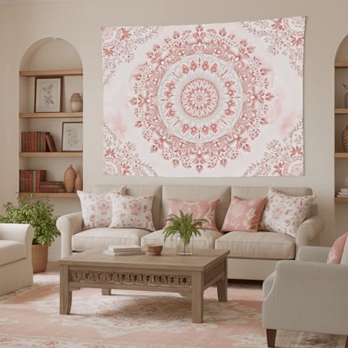 Accnicc Pink Floral Mandala Tapestry Wall Hanging Boho Medallion Tapestry Aesthetic Watercolor Flower Cute Small Tapestries for Bedroom Living Room Dorm Decor 60 x 44 Inch - color: Light Pink, size: 60"L x 44"W