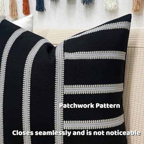 Slow Cow Linen Black and Off White Jacquard Textured Woven Stripe Patchwork Throw Pillow Cover Square 18 x 18 Inches - color: Black Patchwork, size: 18" x 18" (Pack of 1)