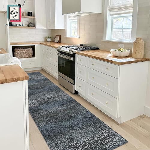 RUGSURE Washable Area Rug - 1/6 Thick - Stain & Water Resistant Non-Slip - Resistant Rug for Living Room, Bedroom, Nursery, Pet & Child Friendly, Vintage Charm Area Rugs (Darkgrey+Bule, 2'6'' x 8') - color: Depth-darkgrey+bule, size: 2'6" x 8' (Rectangula