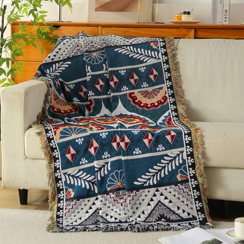 LumiSyne Double-Sided Cotton Woven Throw Blanket with Tassel Jungle Bohemian Style Tapestry Shawl Multi-Function Decorative Throws for Sofa Bed Armchair Camping Blanket Tablecloth Carpet 160x130cm - color: Fructification
