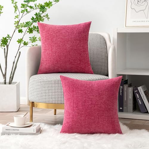 MIULEE Pack of 2 Couch Throw Pillow Covers 16x16 Inch Soft Hot Pink Chenille Pillow Covers for Sofa Living Room Solid Dyed Pillow Cases - color: Hot Pink, size: 16" x 16" (Pack of 2)