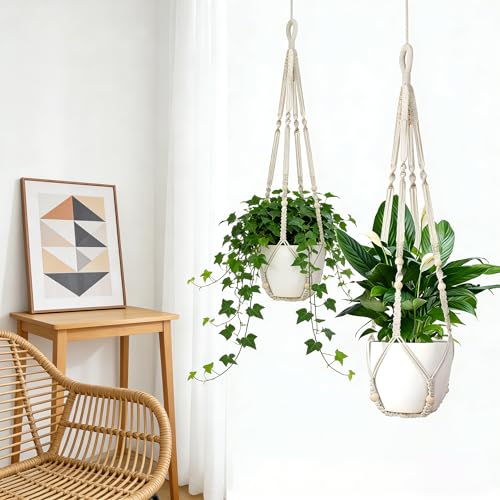 Macrame Plant Hanger Set of 2, 35 Inch Indoor Hanging Planter with 4 Hooks, Macrame Plant Hangers for Pots, No Tassels Boho Home Decor, Ivory (Pots Not Included) - color: Ivory