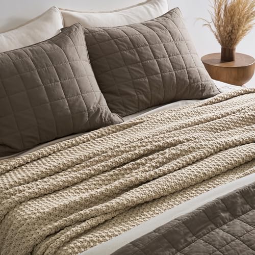 EVERGRACEHOME Chunky Chenille Knit Throw Blanket for Couch, Soft Luxurious Oversized Queen Moss Stitch Blanket for Bed, Cozy Farmhouse Knitted Throw for Sofa, Sand Dune, 90" x 90" - color: Sand Dune, size: 90" X 90"