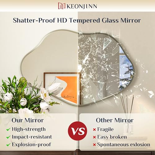 Keonjinn Nickel Irregular Mirrors for Wall 40" x 24" Inch, Asymmetrical Metal Frame, Tempered Glass Decorative Mirror for Bathroom, Bedroom, Living Room, Entryway(Horizontal/Vertical) - color: Nickel, size: 24"L x 40"W