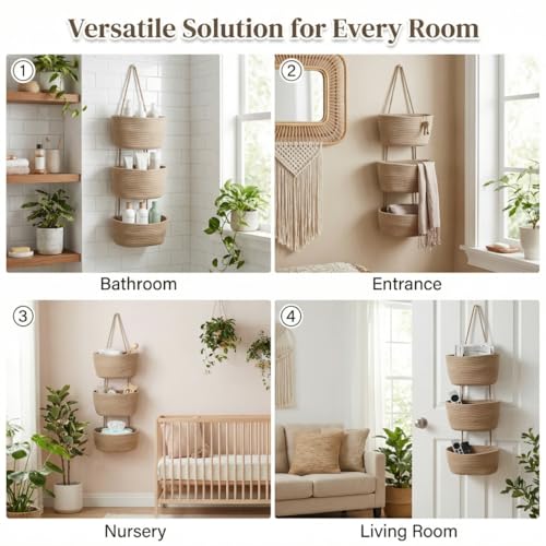 Hanging Wall Basket, Over the Door Hanging Basket with Hooks, Cotton Back of Door Organizer for Living Room, Bedroom, Boho Wall Decor, Toy Storage, Jute - color: Jute