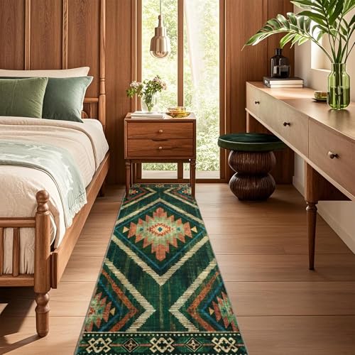 Runner Rugs for Hallway Boho 2x6Ft Non Slip, Green Moroccan Washable Farmhouse Kitchen Rug Runner Non Slip, Soft Geometric Bedroom Entryway Floor Carpet for Entrance Home Decor - color: Green, size: 2' x 6' (Rectangular)