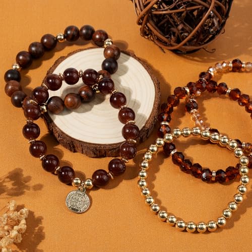 Bohemian Natural Stone Beaded Bracelets for Women Men Stackable Stretch Beads Bracelet Set with Charm and Tassel Multilayered Elastic Gemstone Bracelets Summer Beach Boho Jewelry Gift for Women - color: brown