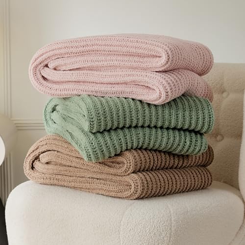 WESHIONGOO Pink Throw Blanket for Couch Soft Knit Throw Blanket with Chenille Yarn Non-Shedding, Chenille Blanket for Living Room Bed Sofa (50"*60") - color: Light Pink