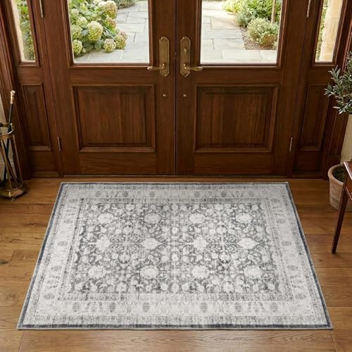 jinchan 3x5 Washable Vintage Area Rug, Distressed Traditional Floral Entryway Accent Rug, Soft Low-Pile Non-Slip Floor Mat for Indoor Foyer, Kitchen Sink Bedroom Bathroom Vanity, Grey - color: Oriental Grey, size: 3' x 5' (Rectangular)