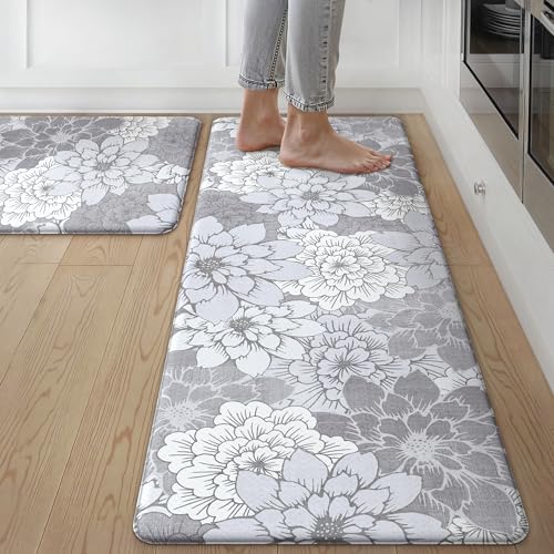 GENIMO Kitchen Mats for Floor, Kitchen Rugs Non Slip Washable Sets of 2, Waterproof Cushioned Anti Fatigue Mat, Floral Runner Rug for Laundry, Sink, Office, Home, 17.3"x47"+17.3"x30", Lavender Grey - color: Lavender Grey, size: 17.3"x47"+17.3"x30"