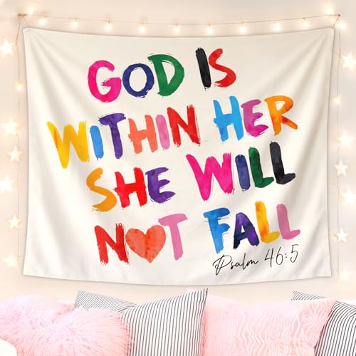 Lacama Christian Tapestry, Cute God is Within her she Will not fall Bible Tapestry Decor for Bedroom College Dorm Apartment, College Dorm Decor,Christian Gifts for Women, 50x60 Inches - color: god is within her she will not fall