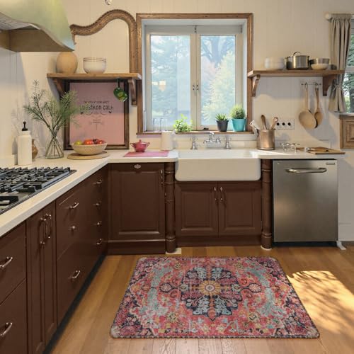 Lahome Bohemian Floral Medallion Area Rug - 2x3 Small Hot Pink Bath Rug Kitchen Sink Mat, Machine Washable Non-Slip Soft Indoor Carpet for Doormat Bedside Apartment Entrance, Fuchsia/Multi - color: Fuchsia/Multi, size: 2' x 3' (Rectangular)