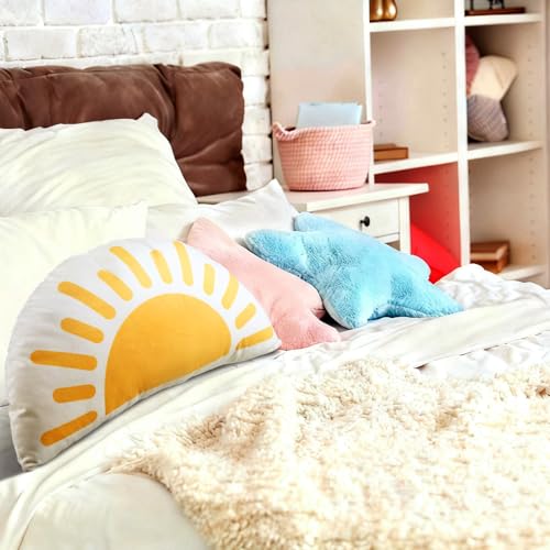 Newwiee Sunshine Throw Pillow for Classroom Reading Corner Boho Sun Pillow Back to School Decor Soft Velvet Semicircular Cushion for Book Nook Student Dorm Room and Cozy Reading Spot 15.75 x 9.84 Inch - style: Sun