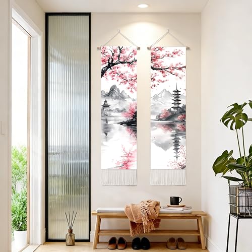 seewan 2 Pack Long Vertical Wall Tapestry, Boho Nature Landscape & Floral Aesthetic Wall Hanging for Bedroom Living Room Home Decor, Long Narrow Art Tapestry with Sunrise Mountain Botanical Designs, 13" × 51" (Blossom Ink Landscape, 13"Wx51"H, Unframed) -