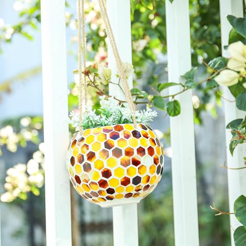 Hanging Planter Mosaic Garden Pot Small Flower Pot for Indoor Plant Disco Ball Hanging Planter with Drainage Yellow Bee - color: Yellow
