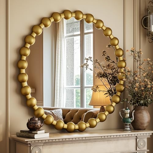 Easly Round Mirror for Wall, 24 Inch Gold Beaded Frame Decorative Vanity Mirror, Circle Bathroom Mirror with High-Definition Lense, Modern Wall Decor for Bathroom, Living Room, Bedroom, Entryway - color: Gold, size: 24"L x 24"W