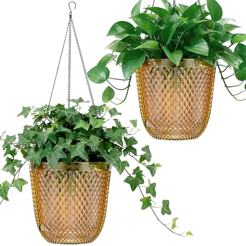 QCQHDU Hanging Planters for Indoor Plants, 2-Pack, 5.7 Inch, Gold | Plastic, Self Watering Plant Hanger, with Drainage Holes, 3 Hooks Chains, For Garden Home - color: Gold, size: 5.7in