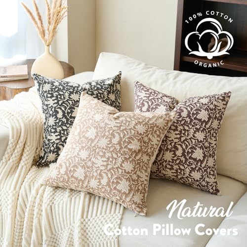FIOUOVO Floral Throw Pillow Covers 24x24 Farmhouse Block Print Pillow Covers Decorative Pillow Covers Couch Pillows for Living Room Vintage Accent Sofa Pillows Set of 2, Black - color: Black, size: 24" x 24" (Pack of 2)