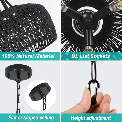 HMVPL Black Rattan Chandelier for Dining Room, 3-Light Boho Light Fixture with Woven Lampshade, Wicker Pendant Light Ceiling Hanging, Farmhouse Kitchen Chandelier for Bedroom Living Room Entryway - color: Black, size: 3-Lights (D)12.6 in
