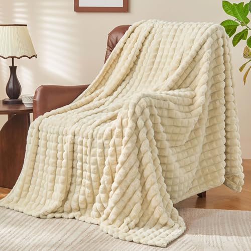 BEDELITE Beige Blanket Twin Size for Bed- Super Soft Lightweight 3D Checkered Fluffy Fuzzy Fleece Blanket, Luxurious Plush Cozy Blanket for Room Home Decor, Gift for Women, 60x80 inches - color: Beige, size: Twin(60"x80")