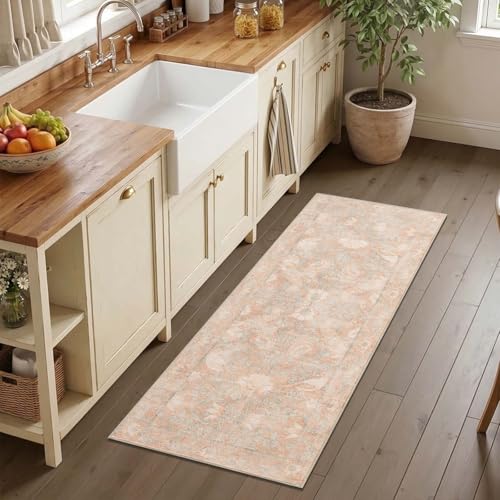 SIRIS 2x5 Washable Runner Rug, Symmetrical Botanical Floral Rug, Vintage Soft Low-Pile Non-Slip Hallway Runner, High-Traffic Floor Mat for Kitchen Entryway Bathroom Vanity Laundry Room, Muted Rose - color: Siris Muted Rose, size: 2' x 5' (Runner)