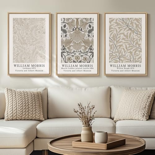 Framed Large William Morris Canvas Wall Art Set of 3, Vintage Neutral Botanical Floral Prints, Nature Artwork for Living Room, Bedroom, Hallway or Office Decor, 16x24 Inch - color: Vintage, size: 16"W x 24" H x 3Pcs