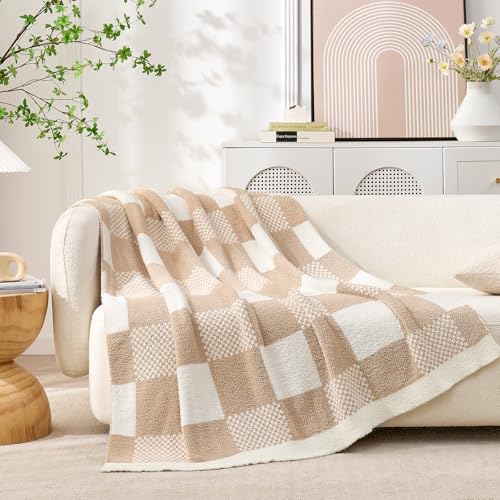 Snuggle Sac Checkered Blanket, Beige Throw Blanket for Couch Plaid Microfiber Fluffy Warm Cozy Soft Oversized Throw XL Reversible Checkered Blankets for Sofa, Chair, Bed, 50x70 inches - color: Checker Beige, size: Throw-XL(50"x70")