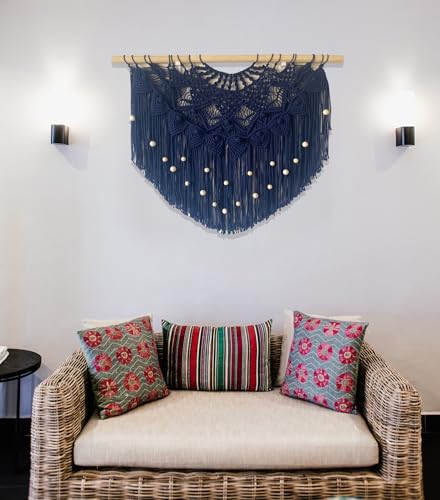 Youngeast Large Macrame Wall Hanging Boho Beaded Curtain for Window Macrame Bedroom Headboard Living Room Wall Art Tassel Tapestry Bohemian Woven Wall Decor 31" W X 25" H (Navy) - color: Navy
