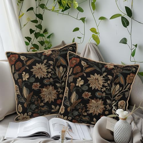 Black Boho Vintage Flowers Velvet Pillow Covers 18x18 Inch Retro Art Brown Floral Throw Pillows for Couch Cushion Covers Pillowcase Farmhouse Bohemian Pillow Cases for Sofa Bed Bedroom - color: Black Rust Floral, size: 18" x 18" (Pack of 1)
