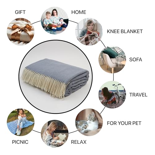 | Wool Blanket/Throw | 100% New Zealand Wool | Perfect for Home and Outdoors | Virgin Wool Throw with Fringes 67"x79" (170 x 200 cm) - color: Cornflower Blue, size: Queen