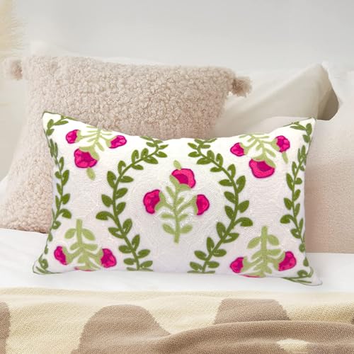 Alysheer Flower Embroidered Summer Decorative Lumbar Throw Pillow Cover 12"x 20", Farmhouse Cottage Hot Pink Floral Green Leaves Patterned Cotton Canvas Cushion Case for Sofa Couch Bed Living Room - color: Hot Pink, size: 20" x 12" (Pack of 1)