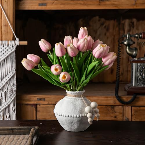 Mowtanco Rustic Ceramic Vase with Boho Wooden Beads, Matte Decorative Pottery for Modern Farmhouse and Bohemian Decor, Floral Arrangements, Bedroom, Shelf, or Side Table Accents - color: White - Small
