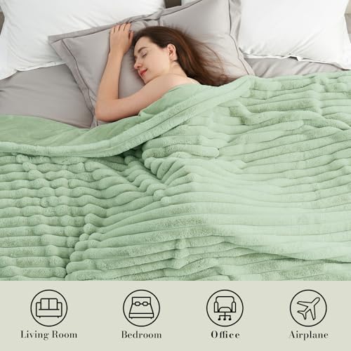 Amélie Home Faux Fur Throw Blanket for Couch, Cozy Fuzzy Fluffy Fur Luxurious Soft Striped Plush Gift Blankets for Family Sofa Chair Bedroom, 55"x70", Sage Green - color: Striped Sage Green, size: Throw(55"x70")