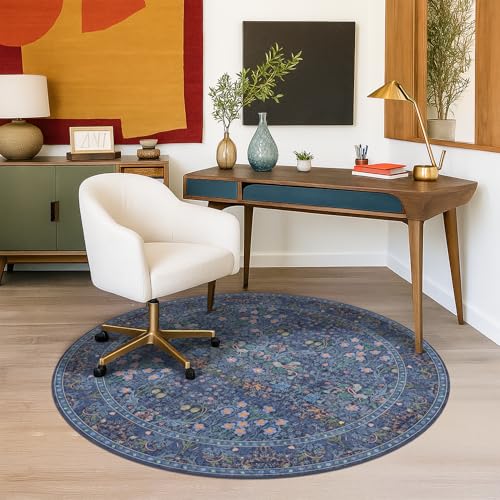 Hazo Haus Dark Blue 5ft Circle Area Rug for Living Room, Vintage Botanical Floral Design Washable Round Rugs for Bedroom, Dining Room Under Table, Plant Pattern Dark Home Décor - color: Dark Blue, size: 5' (Round)