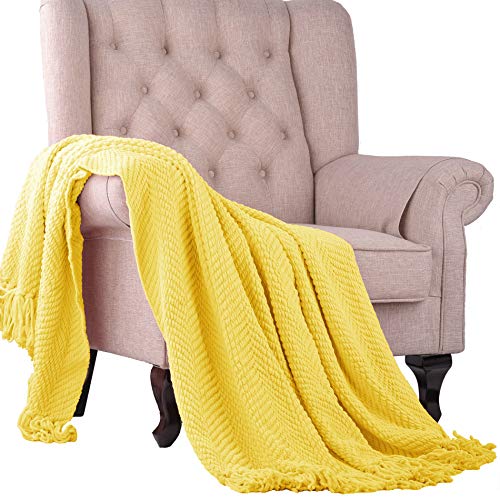Home Soft Things Yellow Throw Blanket Knitted Tweed Throw 50'' x 60'', Sunshine Yellow, Super Soft Cozy Warm Comfortable Breathable Throw for Living Room Chair Couch Bed Sofa Bedroom Home Décor - color: Sunshine Yellow, size: 50 in x 60 in