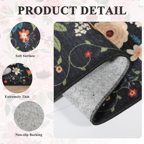 DUKINO 2.6x12 Kitchen Runner Rug, Lightweight Floral Washable Rug for Hallway, Boho Low Pile & Non Slip Backing Soft Floor Carpet for Entryway, Bedroom, Bathroom, Laundry, Black - color: Black, size: 2'6" x 12' (Rectangular)