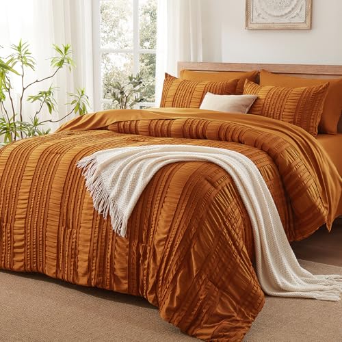 Burnt Orange Tufted Textured Comforter Set Queen Size, 7 Piece Bed in a Bag，Shabby Chic Boho Bedding for Bedroom Comforter，All Season Soft Microfiber Ruffle Comforter Set with Pillow and Sheets - color: Burnt-orange, size: Queen