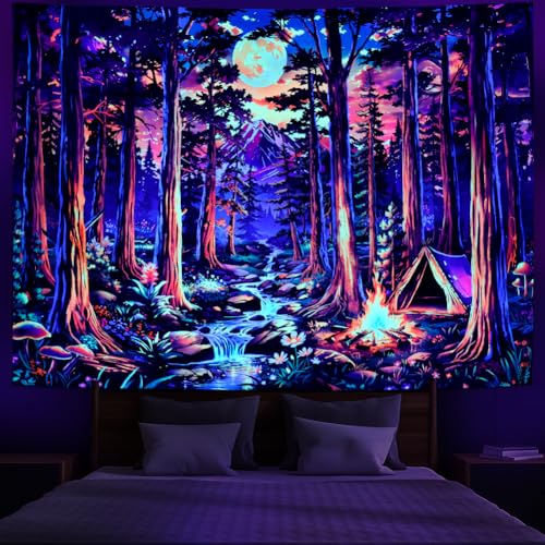 Racunbula Blacklight Fantasy Forest Tapestry UV Reactive Galaxy Space Moon Tapestry Trippy Pine Trees Wall Tapestries Nature Landscape Mountain River Tapestries Wall Hanging for Bedroom - color: Forest Tree, size: 59.1"L x 51.2"W